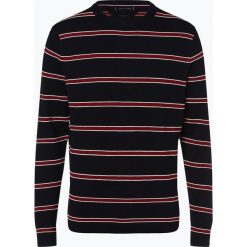 Tommy Hilfiger - Sweter męski z dodatkiem jedwabiu, niebieski. Niebieskie swetry męskie marki TOMMY HILFIGER, m, w paski, z bawełny, z kontrastowym kołnierzykiem, bez kaptura. Za 549,95 zł.