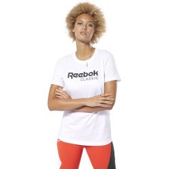Reebok Koszulka Biały. Białe koszulki damskie Reebok, l, z nadrukiem, z bawełny, bez kołnierzyka. Za 119,95 zł.