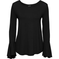 Shirt z dżerseju, z rękawami z falbanami bonprix czarny. Czarne koszulki damskie bonprix, bez wzorów, z dżerseju, eleganckie, bez kołnierzyka, bez rękawów. Za 21,99 zł.