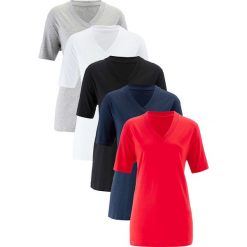 Długi shirt z dekoltem w szpic (5 sztuk), krótki rękaw bonprix truskawkowy + czarny + biały + jasnoszary melanż + ciemnoniebieski. Szare koszulki damskie bonprix, bez wzorów, bez kołnierzyka, z długim rękawem. Za 99,95 zł.