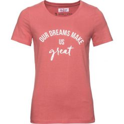 T-shirt z bawełny z nadrukiem, krótki rękaw bonprix rabarbarowy. Czerwone t-shirty damskie bonprix, z nadrukiem, z bawełny. Za 24,99 zł.