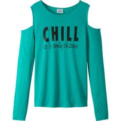 Shirt z wycięciami na ramionach bonprix szmaragdowy. Zielone bluzki dziewczęce bonprix, bez wzorów, bez kołnierzyka, z długim rękawem, długie, bez kaptura. Za 29,99 zł.