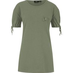 T-shirt bawełniany z cekinami bonprix oliwkowy. Zielone t-shirty damskie bonprix, bez wzorów, z bawełny, bez kołnierzyka. Za 32,99 zł.