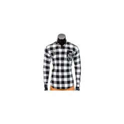 KOSZULA MĘSKA W KRATĘ Z DŁUGIM RĘKAWEM K369 - CZARNA. Brązowe koszule męskie na spinki marki Ombre Clothing, m, z aplikacjami, z kontrastowym kołnierzykiem, z długim rękawem. Za 39,00 zł.