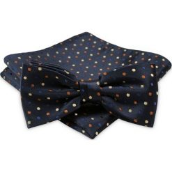 Męska Granatowa Mucha - ALTIES - w Brązowo-Kremowe Kropki, + Taka Sama Poszetka MUALTS0346. Niebieskie muszki męskie Alties, w paski, eleganckie. Za 39,00 zł.