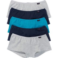 Figi "french" (5 par) bonprix ciemnoturkusowy + ciemnoniebieski +jasnoszary melanż. Niebieskie figi damskie marki bonprix, z aplikacjami. Za 44,95 zł.