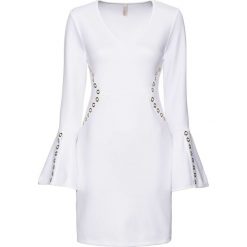 Sukienka bonprix biały. Białe sukienki damskie marki bonprix, do pracy, z aplikacjami, eleganckie, bez kołnierzyka, bez rękawów, rozkloszowane. Za 109,99 zł.