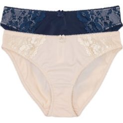 Figi (2 pary) bonprix ciemnoniebiesko-piaskowy beżowy + piaskowo-beżowy. Niebieskie majtki damskie bonprix, z koronki. Za 55,98 zł.