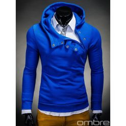 BLUZA MĘSKA Z KAPTUREM PACO - NIEBIESKA. Niebieskie bluzy męskie rozpinane marki Ombre Clothing, m, z bawełny, z krótkim rękawem, krótkie, z kapturem. Za 69,00 zł.