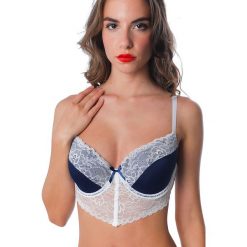 Biustonosz push-up "Beauté" w kolorze granatowo-białym. Niebieskie biustonosze Audace, w koronkowe wzory, z koronki. W wyprzedaży za 42,95 zł.
