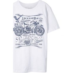 T-shirt Slim Fit bonprix biały z nadrukiem. Białe koszule chłopięce bonprix, z nadrukiem, bez kołnierzyka, bez rękawów. Za 29,99 zł.