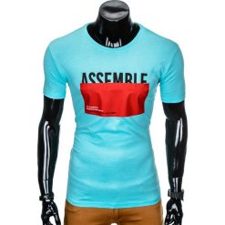 T-SHIRT MĘSKI Z NADRUKIEM S924 - BŁĘKITNY. Niebieskie t-shirty męskie Ombre Clothing, s, z nadrukiem, bez kołnierzyka. Za 19,99 zł.