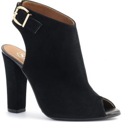 Czarne zamszowe botki bez pięty peep toe 87I. Czarne botki damskie na lato, z zamszu, z otwartym noskiem, na wysokim obcasie, na słupku, na klamry. W wyprzedaży za 239,00 zł.