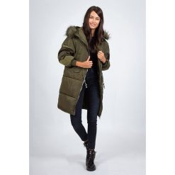 Płaszcz zimowy w kolorze khaki. Brązowe kurtki damskie Snowie Collection, na zimę, l, w paski, z tkaniny, bez kaptura. W wyprzedaży za 249,95 zł.