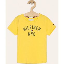 Tommy Hilfiger - T-shirt dziecięcy 74-176 cm. Niebieskie bluzki dziewczęce TOMMY HILFIGER, z nadrukiem, z bawełny, z okrągłym kołnierzem, z krótkim rękawem, krótkie, bez kaptura. W wyprzedaży za 59,90 zł.