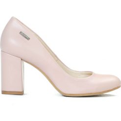 Klasyczne czółenka na słupku - skóra naturalna - model 042 - kolor różowy. Różowe czółenka damskie Zapato, w kolorowe wzory, z jeansu, z okrągłym noskiem. W wyprzedaży za 239,20 zł.
