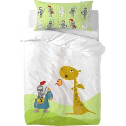 Komplet pościeli "Knight" w kolorze biało-zielonym ze wzorem. Zielone komplety niemowlęce Mr. Fox, bez wzorów, z bawełny. W wyprzedaży za 69,95 zł.