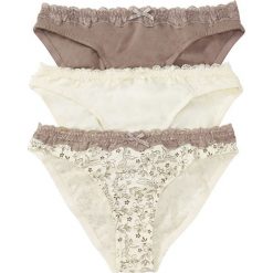 Figi (3 pary) bonprix z nadrukiem + w kolorze szampana + szarobrązowy. Pomarańczowe majtki damskie bonprix, z nadrukiem, z koronki. Za 53,97 zł.