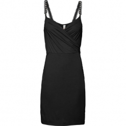 Sukienka z ramiączkami z perełkami bonprix czarny. Czarne sukienki damskie bonprix, z aplikacjami, eleganckie, bez kołnierzyka, bez rękawów. Za 89,99 zł.