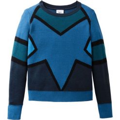 Sweter dzianinowy wzorzysty bonprix lodowy niebieski - ciemnoniebieski -niebieskozielony wzorzysty. Niebieskie swetry dziewczęce marki bonprix, z aplikacjami, z dzianiny, z okrągłym kołnierzem, z długim rękawem, długie, bez kaptura. Za 29,99 zł.