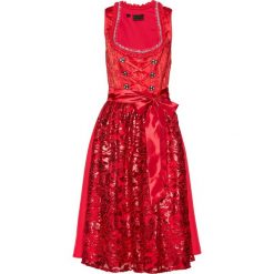 Sukienka ludowa z fartuchem z cekinami bonprix czerwony wzorzysty. Czerwone sukienki damskie bonprix, w paski, z koronki, eleganckie, bez kołnierzyka, bez rękawów. Za 449,99 zł.
