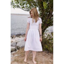 Sukienka Melania Alba 32 biały. Białe sukienki damskie Marie Zélie, na imprezę, na lato, s, w paski, z bawełny, wakacyjne, bez kołnierzyka, z krótkim rękawem, krótkie, mini, rozkloszowane. W wyprzedaży za 198,80 zł.