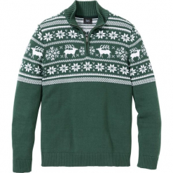 Sweter ze stójką bonprix zielony wojskowy wzorzysty. Zielone swetry męskie bonprix, s, bez wzorów, militarne, ze stójką, bez kaptura. Za 109,99 zł.