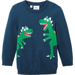 Sweter w dinozaury bonprix ciemnoniebieski. Niebieskie swetry chłopięce bonprix, z aplikacjami, z okrągłym kołnierzem. Za 74,99 zł.