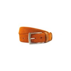 Pomarańczowy pasek męski z dziurkami P33. Pomarańczowe paski męskie Modini Moda Męska, w paski, z jeansu, eleganckie. Za 80,10 zł.