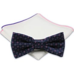 Granatowa Mucha z Biała Poszetką - Chattier - Florystyczny Wzór, Męska MUCH0261. Niebieskie muszki męskie Chattier, na imprezę, w paski, eleganckie. Za 44,00 zł.