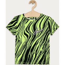 Guess Jeans - T-shirt dziecięcy 116-176 cm. Żółte bluzki dziewczęce Guess Jeans, z aplikacjami, z elastanu, z okrągłym kołnierzem, z krótkim rękawem, krótkie, bez kaptura. Za 159,90 zł.