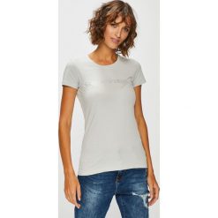 Emporio Armani - Top. Szare topy damskie marki Emporio Armani, s, z nadrukiem, z elastanu, z okrągłym kołnierzem. W wyprzedaży za 159,90 zł.