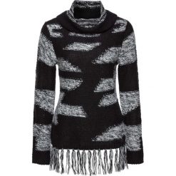 Sweter z frędzlami bonprix czarno-jasnoszary w paski. Czarne swetry damskie bonprix, w paski, bez rękawów. Za 99,99 zł.