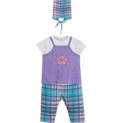 Sukienka niemowlęca + koszulka + legginsy + chustka (4 części), bawełna organiczna bonprix jasny lila w kratę. Fioletowe sukienki niemowlęce bonprix, bez wzorów, z bawełny, bez rękawów. Za 74,99 zł.