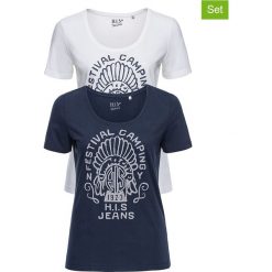 Koszulki (2 szt.) w kolorze granatowym i białym. Białe t-shirty damskie H.I.S, xl, z nadrukiem, z bawełny, z okrągłym kołnierzem. W wyprzedaży za 65,95 zł.
