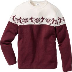 Swetry klasyczne męskie: Sweter norweski z domieszką wełny Regular Fit bonprix czerwony klonowy – biel wełny wzorzysty