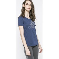 Adidas Performance - Top. Niebieskie topy damskie marki adidas Performance, s, z nadrukiem, z bawełny, z okrągłym kołnierzem. W wyprzedaży za 119,90 zł.