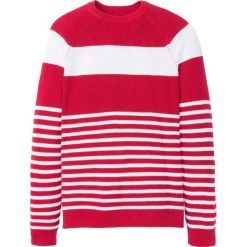 Sweter w paski bonprix czerwono-biały w paski. Czerwone swetry męskie bonprix, s, w paski, klasyczne, z klasycznym kołnierzykiem, bez kaptura. Za 32,99 zł.