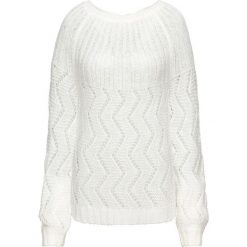 Sweter dzianinowy z wycięciem z tyłu bonprix biel wełny. Białe swetry klasyczne damskie bonprix, z dzianiny. Za 89,99 zł.