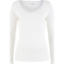 Shirt w prążek z dekoltem w serek z koronką bonprix biel wełny. Białe koszulki damskie bonprix, w koronkowe wzory, z wełny, z dekoltem w serek, bez rękawów. Za 34,99 zł.