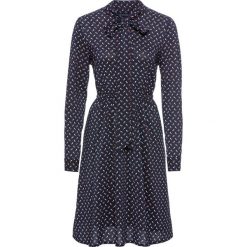 Sukienka bonprix ciemnoniebiesko-biało-koniakowy z nadrukiem. Niebieskie długie sukienki marki bonprix, w kropki, z długim rękawem, rozkloszowane. Za 129,99 zł.