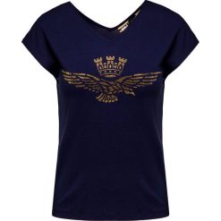 T-shirt AERONAUTICA MILITARE. Niebieskie bluzki damskie Aeronautica Militare, z aplikacjami, z wiskozy, bez kołnierzyka, bez rękawów. Za 460,00 zł.