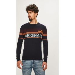 Jack & Jones - Sweter. Niebieskie swetry męskie Jack & Jones, s, z aplikacjami, z bawełny, z okrągłym kołnierzem, bez kaptura. W wyprzedaży za 139,90 zł.