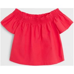 Mango Kids - Bluzka dziecięca Roses 110-164 cm. Czerwone bluzki dziewczęce Mango Kids, bez wzorów, z bawełny, bez kołnierzyka, z krótkim rękawem, krótkie, bez kaptura. W wyprzedaży za 55,90 zł.