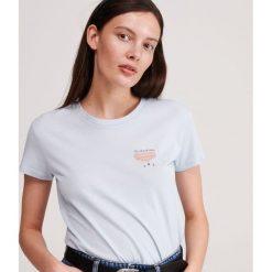 T-shirt z mini nadrukiem - Niebieski. Niebieskie t-shirty damskie Reserved, s, z nadrukiem, bez kołnierzyka. W wyprzedaży za 15,99 zł.