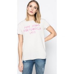 Pepe Jeans - Top Rafaela. Szare topy damskie marki Pepe Jeans, s, z nadrukiem, z bawełny, z okrągłym kołnierzem. W wyprzedaży za 99,90 zł.