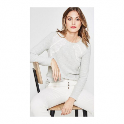 Bluza z koronką. Szare bluzy dziewczęce rozpinane Promod, w koronkowe wzory, z dzianiny, długie. Za 89,90 zł.