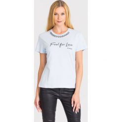 T-SHIRT PINKO. Niebieskie t-shirty damskie Pinko, s, z nadrukiem, z bawełny, z okrągłym kołnierzem. Za 245,40 zł.