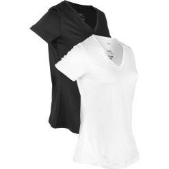 Shirt sportowy (2 szt.), krótki rękaw bonprix czarny + biel wełny. Czarne bluzki sportowe damskie bonprix, bez wzorów, z wełny, bez kołnierzyka, z krótkim rękawem, krótkie, bez kaptura. Za 44,99 zł.