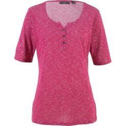 Shirt z plisą guzikową, krótki rękaw bonprix jeżynowo-czerwony melanż. Różowe koszulki damskie bonprix, bez wzorów, bez kołnierzyka, z krótkim rękawem. Za 44,99 zł.